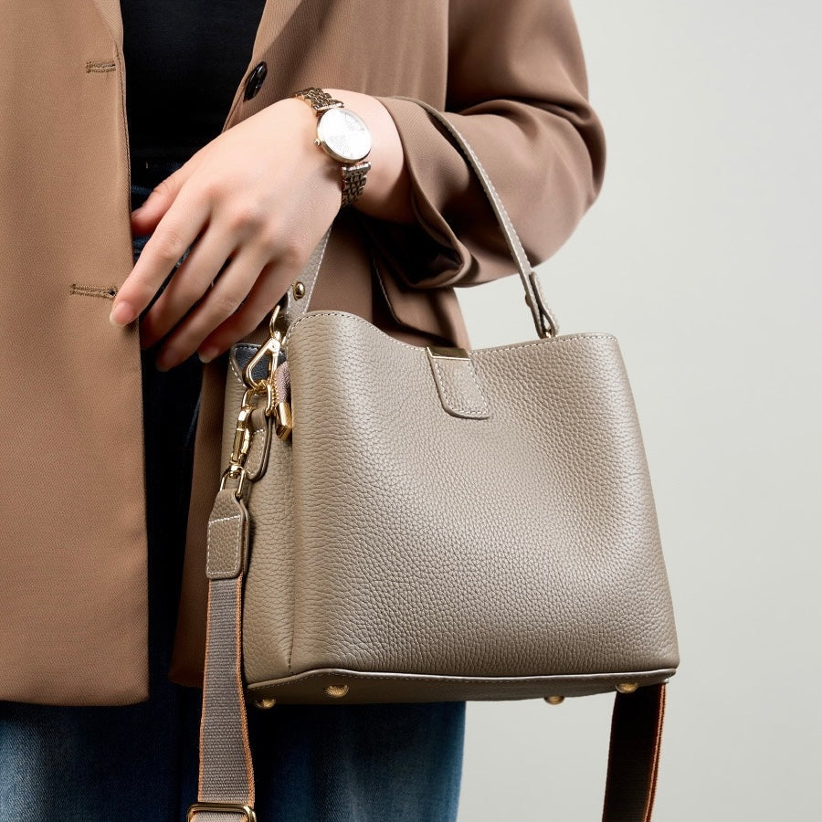 BONNIE | Classic Gold-Trimmed Genuine Leather Bucket Handbag