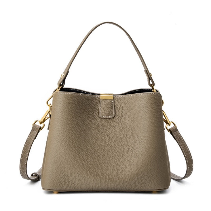 BONNIE | Classic Gold-Trimmed Genuine Leather Bucket Handbag
