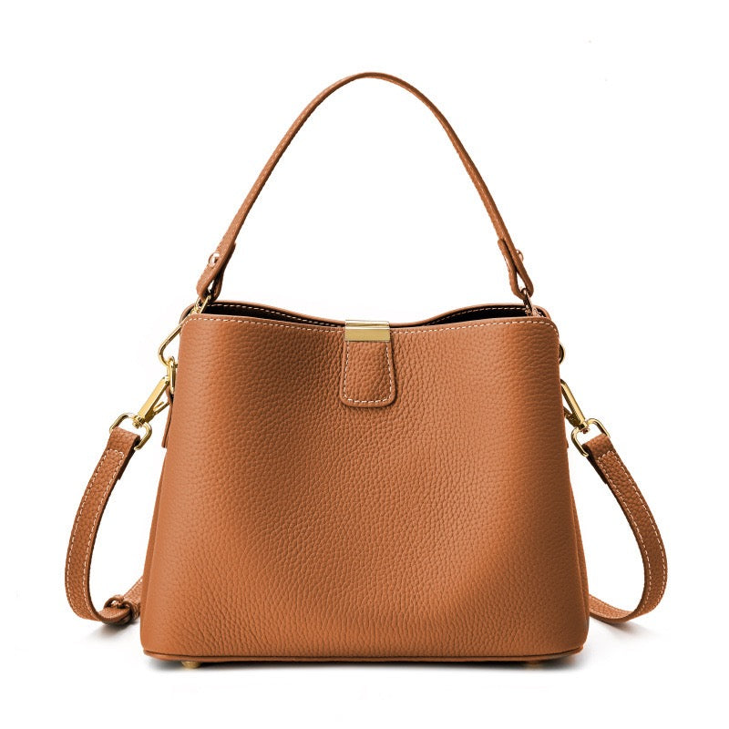 BONNIE | Classic Gold-Trimmed Genuine Leather Bucket Handbag