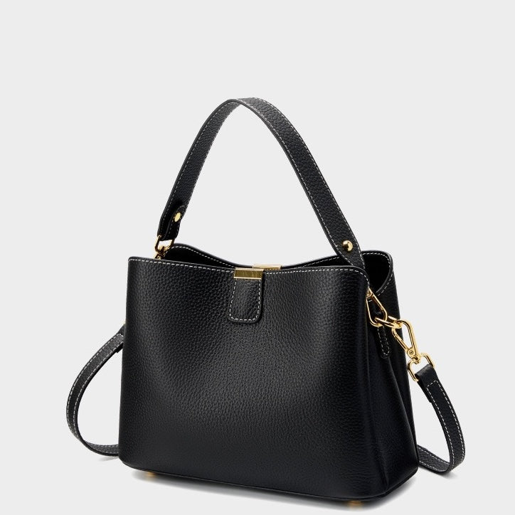 BONNIE | Classic Gold-Trimmed Genuine Leather Bucket Handbag