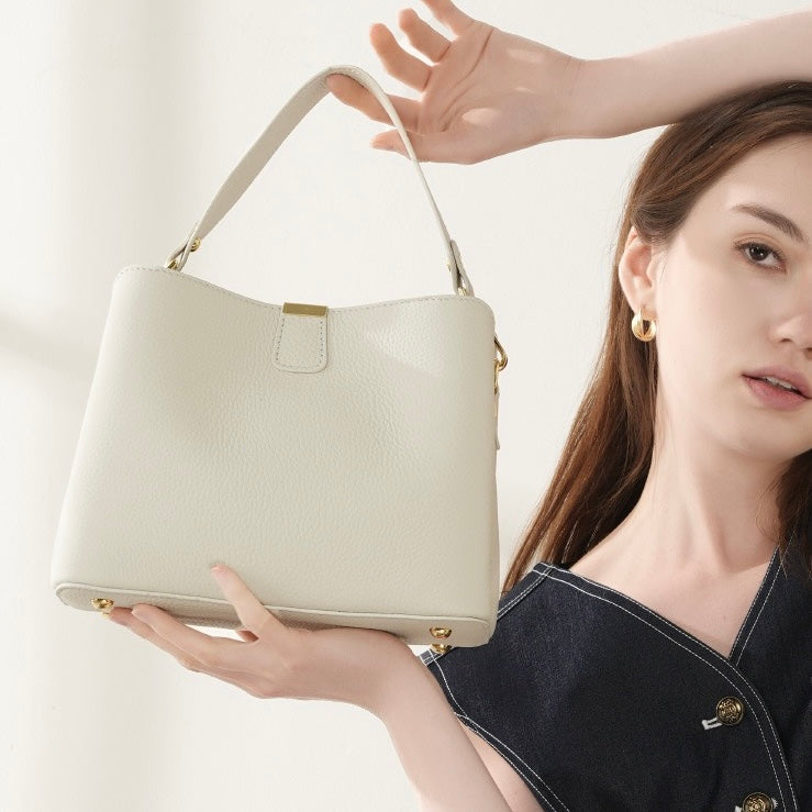 BONNIE | Classic Gold-Trimmed Genuine Leather Bucket Handbag