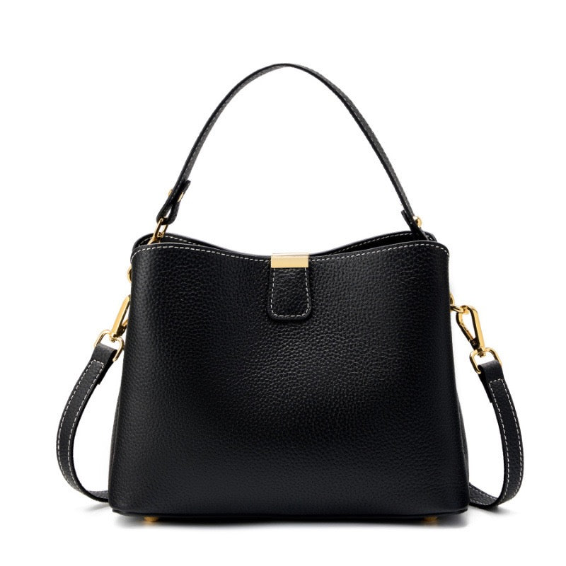 BONNIE | Classic Gold-Trimmed Genuine Leather Bucket Handbag