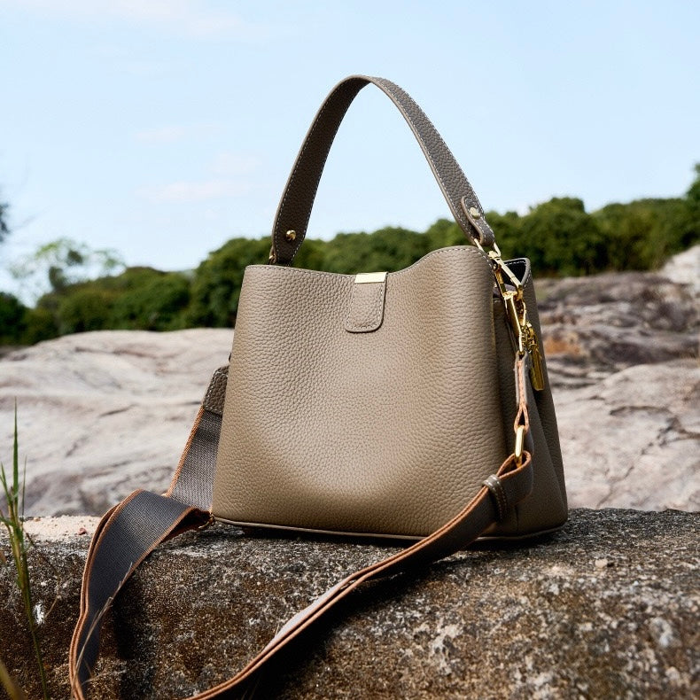 BONNIE | Classic Gold-Trimmed Genuine Leather Bucket Handbag