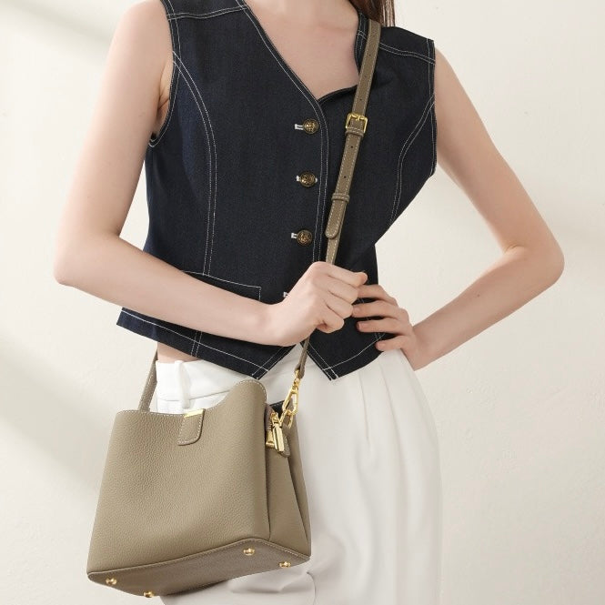 BONNIE | Classic Gold-Trimmed Genuine Leather Bucket Handbag