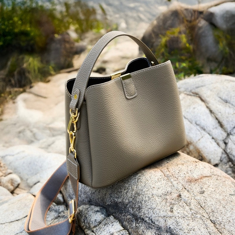 BONNIE | Classic Gold-Trimmed Genuine Leather Bucket Handbag