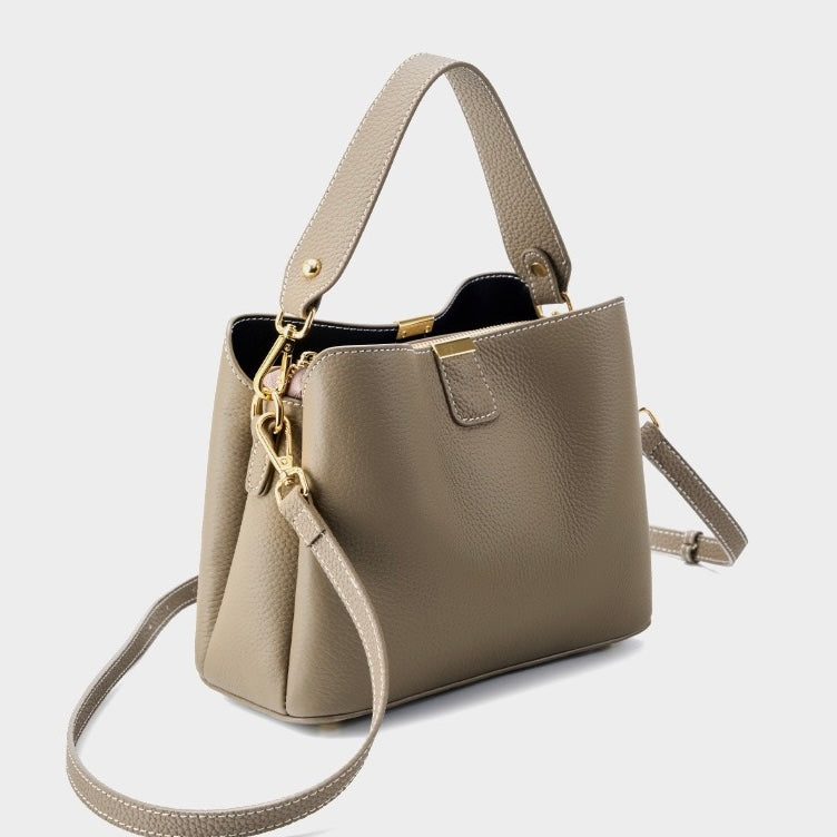 BONNIE | Classic Gold-Trimmed Genuine Leather Bucket Handbag