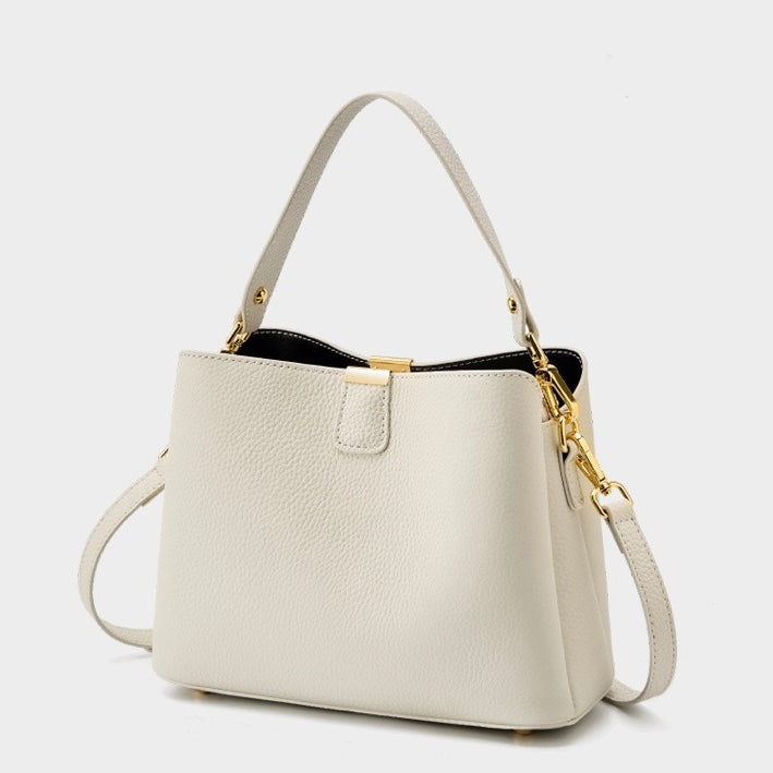 BONNIE | Classic Gold-Trimmed Genuine Leather Bucket Handbag